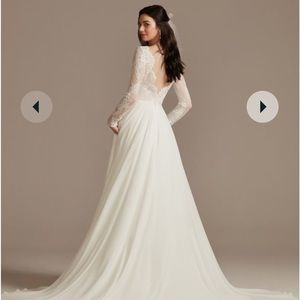 Long sleeve plunge lace chiffon wedding dress. From David’s Bridal